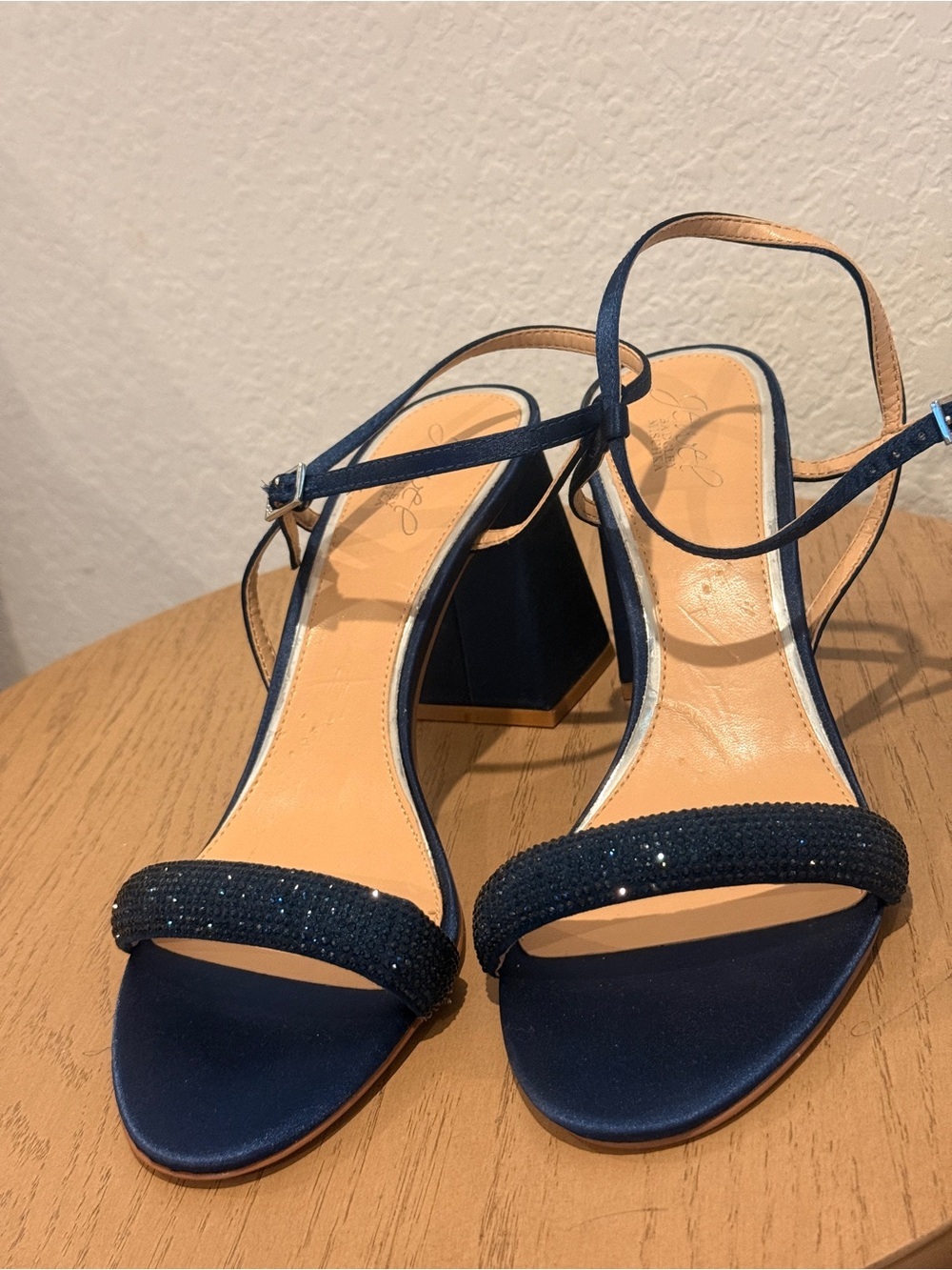 Jewel Badgley Mischka Navy Crystal Strap Block Heel Sandals